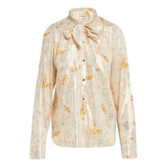 NWT Zadig & Voltaire Tioly Gold Lame Flowers Blouse Necktie Size XS 70s Boho - Picture 3 of 13